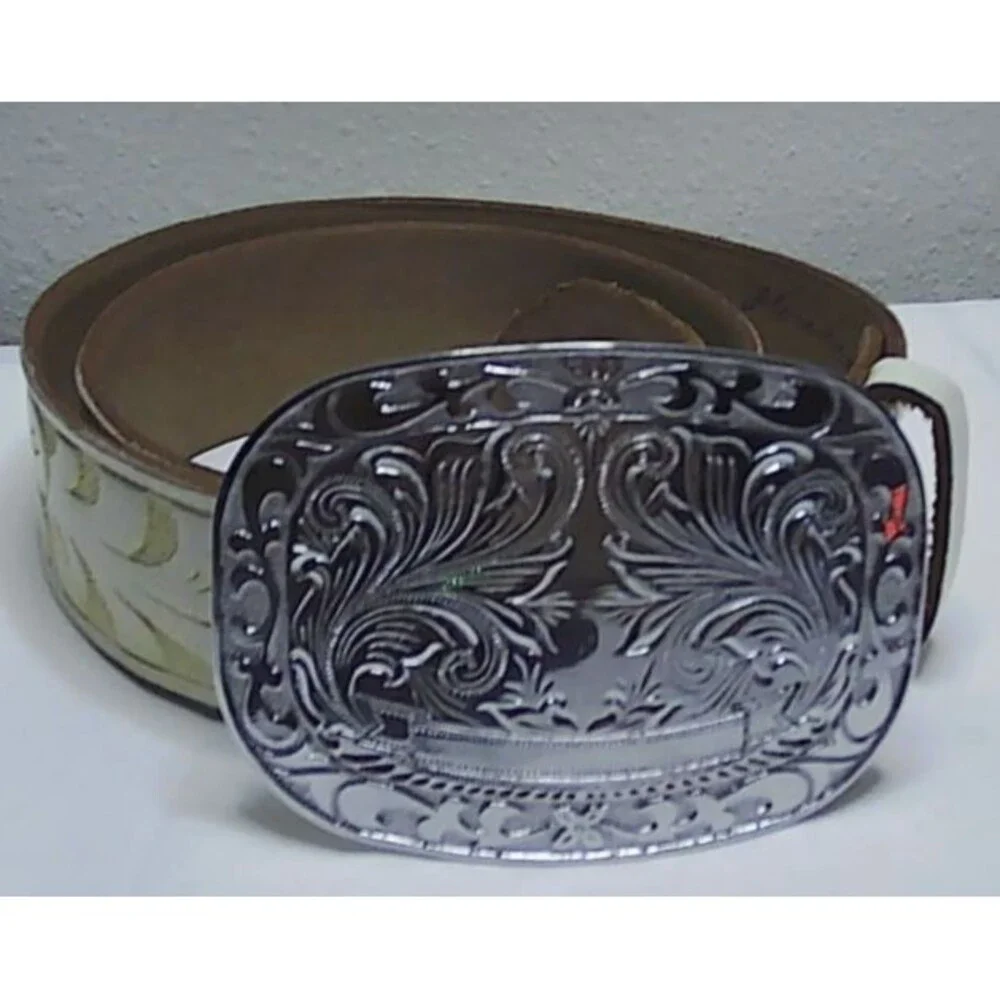 Vintage Western Flower Design Belt Buckle with White Tooled Leather Belt 28-32